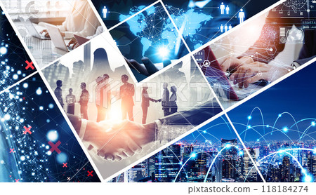 A collage of various business scenes and technology images. Horizontal visuals for banners and advertisements. A collage of various business scenes and technology images. Horizontal visuals for banners and advertisements. 118184274