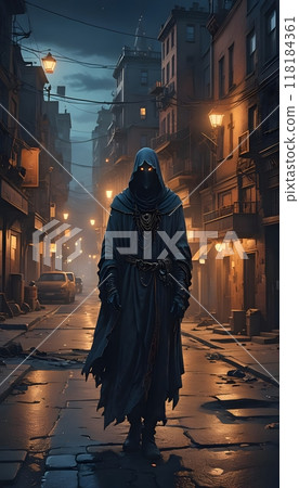 Mysterious hooded figure in dark, eerie urban alleyway. 118184361