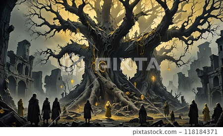 Mysterious ancient tree with glowing runes and robed figures 118184371