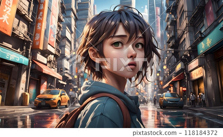 Young girl with short hair in urban street with taxis. 118184372