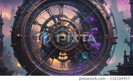 Futuristic clock with complex gears and abstract lights 118184457
