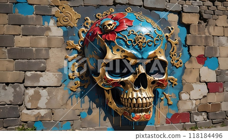 Vibrant Skull and Floral Street Art on Brick Wall 118184496