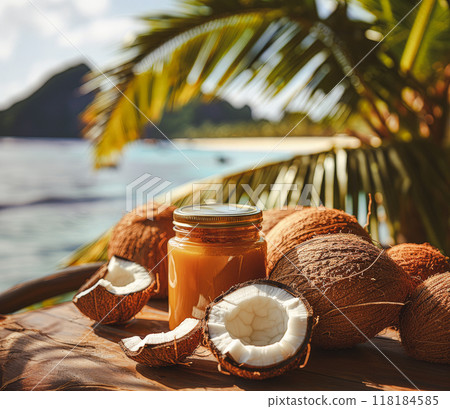 Jar coconut oil among whole split coconuts, blurred background palm tree beach. Soft natural light, warm tropical day Jar coconut oil among whole split coconuts, blurred background palm tree beach. Soft natural light, warm tropical day 118184585