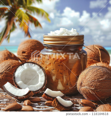 Jar coconut oil among whole split coconuts, blurred background palm tree beach. Soft natural light, warm tropical day 118184618