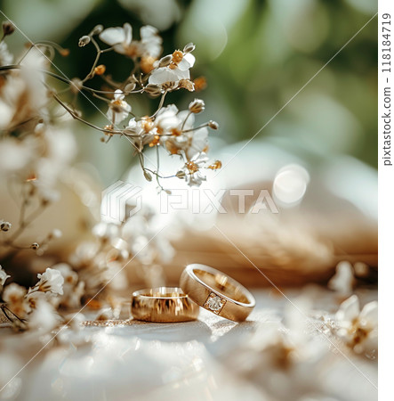Two classic gold rings, defocused background light surface surrounded flowers. Wedding composition Two classic gold rings, defocused background light surface surrounded flowers. Wedding composition 118184719