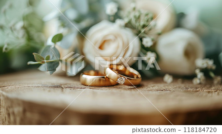 Two classic gold rings, defocused background light surface surrounded flowers. Wedding composition Two classic gold rings, defocused background light surface surrounded flowers. Wedding composition 118184720