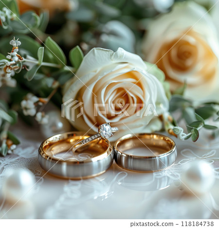 Beautiful gold background wedding rings white roses lying glossy pearl surface with pearls flowers 118184738