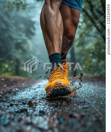 Close Up Runners Shoe Action, one foot ground firmly, other side lifted prepare rise soar, running 118184859