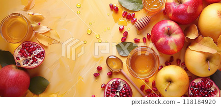 Rosh Hashanah Jewish New Year holiday concept Traditional symbols Honey jar apples pomegranate Rosh Hashanah Jewish New Year holiday concept Traditional symbols Honey jar apples pomegranate 118184920
