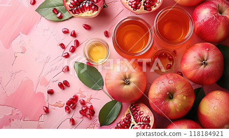 Rosh Hashanah Jewish New Year holiday concept Traditional symbols Honey jar apples pomegranate Rosh Hashanah Jewish New Year holiday concept Traditional symbols Honey jar apples pomegranate 118184921