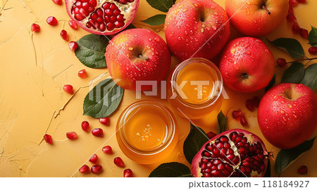 Rosh Hashanah Jewish New Year holiday concept Traditional symbols Honey jar apples pomegranate 118184927