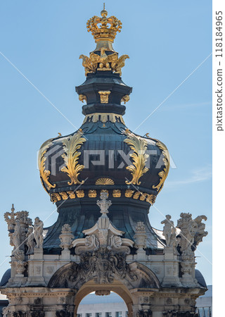 Crown gate of Zwinger palace complex with gardens, one of the most important buildings of the Baroque period in Dresden, Germany Crown gate of Zwinger palace complex with gardens, one of the most important buildings of the Baroque period in Dresden, Germany 118184965