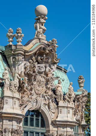Zwinger palace complex with gardens, one of the most important buildings of the Baroque period in Dresden, Germany 118184966