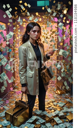 Woman in business attire in a hallway with money flying. 118184986