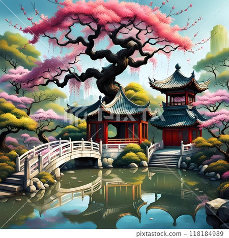 Beautiful traditional Chinese pavilion with cherry blossoms 118184989