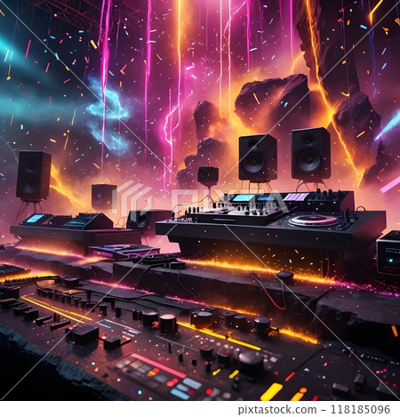 Vivid DJ setup with colorful lighting effects at event. 118185096