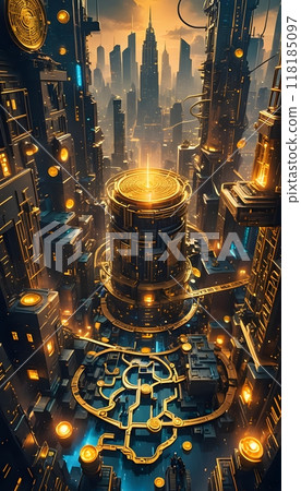 Futuristic cityscape with towering golden structures. 118185097