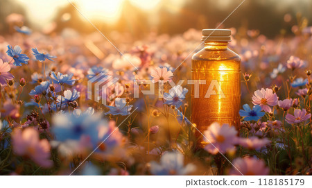Bottle flaxseed oil in foreground, flax seeds and flowers scattered around, blurred countryside 118185179