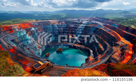 High definition aerial photograph of large open-pit ore mine, taken from drone at high altitude 118185186