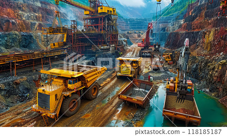 High definition aerial photograph of large open-pit ore mine, taken from drone at high altitude 118185187