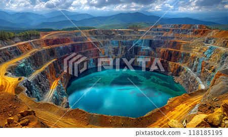 High definition aerial photograph of large open-pit ore mine, taken from drone at high altitude 118185195