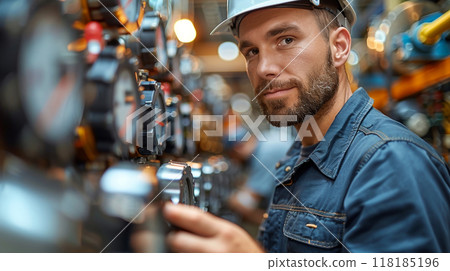 Detailed view worker uniform industrial plant, makes survey, checking equipment against background 118185196