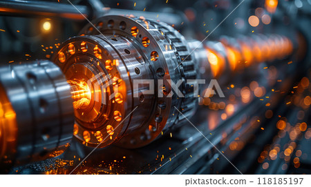 Metallurgical equipment in action with an emphasis on complex details and technological processes. 118185197