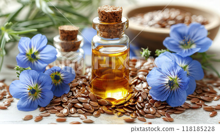 Bottle flaxseed oil surrounded flax seeds and blue flax flowers, with rustic wooden background. 118185228