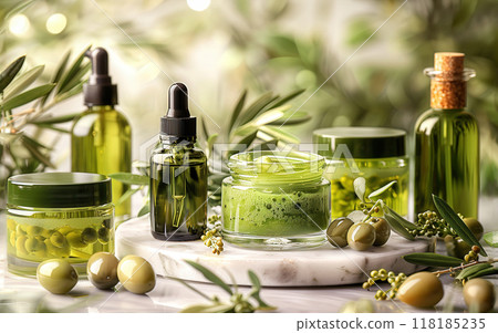 Olive oil based skincare set, including lotion, cream, serum, placed marble counter fresh olives 118185235