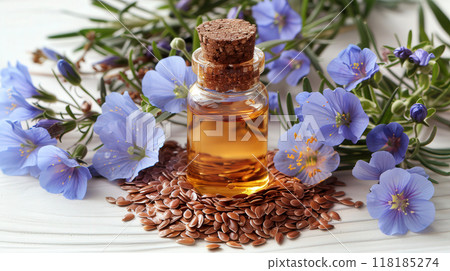 Bottle flaxseed oil surrounded flax seeds and blue flax flowers, with rustic wooden background. 118185274
