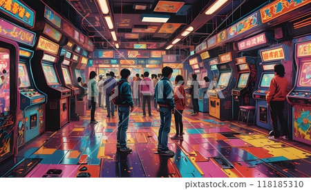 People exploring colorful game machines in a busy arcade. People exploring colorful game machines in a busy arcade. 118185310
