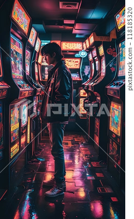 Man in a retro arcade surrounded by vintage game machines Man in a retro arcade surrounded by vintage game machines 118185320