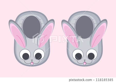 Cute cartoon bunny slippers. Soft and cozy house slippers with rabbit bunny face. Vector illustration 118185385