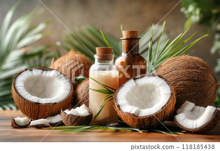 Coconut oil surrounded by whole halved coconuts along tropical leaves, concept handmade, copy space 118185438
