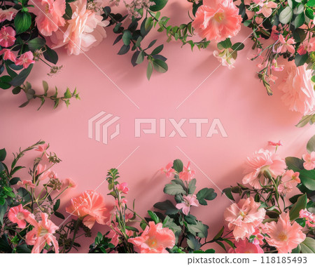 Pink azaleas white daisies framing white rectangular center bright blue background, flat lay 118185493