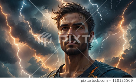 Determined man facing storm with lightning behind 118185569