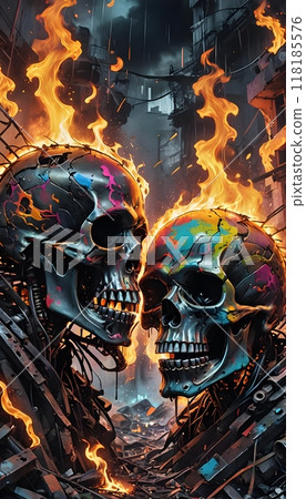 Flaming Robotic Skulls in an Industrial Apocalyptic Scene Flaming Robotic Skulls in an Industrial Apocalyptic Scene 118185576