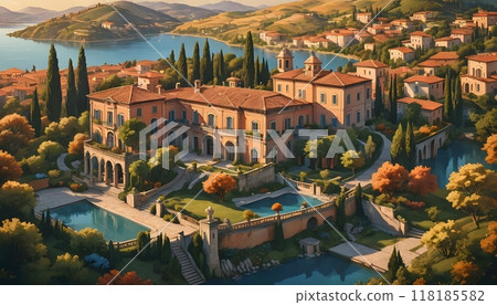 Luxurious estate with gardens and pools overlooking lake 118185582