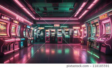 Classic retro arcade machines illuminated by neon lights Classic retro arcade machines illuminated by neon lights 118185591
