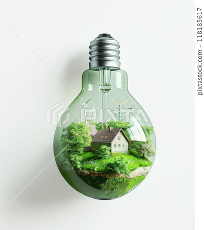 Light bulb miniature landscape wind turbines and cottages, grassy garden. Concept green energy 118185617