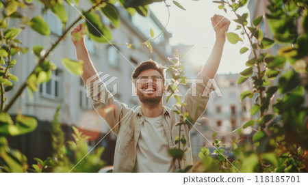 Man happy receive regenerative green energy, sitting garden, ecological. Conservation nature 118185701