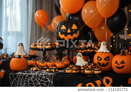 Halloween party table with ghost shaped cookies, candy corn, pumpkins and spooky decorations Halloween party table with ghost shaped cookies, candy corn, pumpkins and spooky decorations 118185772