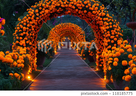 Vibrant tunnel adorned with marigold flowers. Festive or ceremonial event Vibrant tunnel adorned with marigold flowers. Festive or ceremonial event 118185775