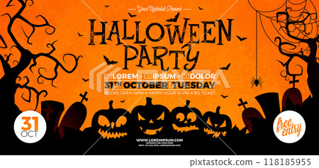 Halloween Party Banner Illustration with Scary Faced Pumpkins on Orange Cemetery Background. Vector Holiday Design Template with Cemetery and Flying Bats for Party Invitation, Greeting Card, Banner or 118185955