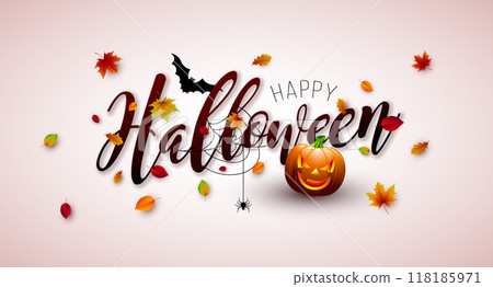 Happy Halloween Vector Illustration with Pumpkin, Autumn Leaves, Typography Lettering, Flying Bats and Spider on Clean Background. Holiday Design for Banner, Greeting Card, Celebration Poster, Party Happy Halloween Vector Illustration with Pumpkin, Autumn Leaves, Typography Lettering, Flying Bats and Spider on Clean Background. Holiday Design for Banner, Greeting Card, Celebration Poster, Party 118185971