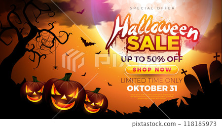 Halloween Sale Banner Illustration with Pumpkins, Cemetery and Flying Bats on Orange Background. Vector Holiday Design Template with Typography Lettering for Offer, Coupon, Celebration Flyer, Voucher 118185973