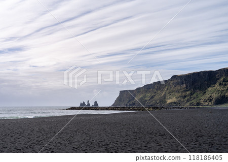 Majestic Reynisdrangar Rock Formations at Vik Black Sand Beach, Iceland. Majestic Reynisdrangar Rock Formations at Vik Black Sand Beach, Iceland. 118186405