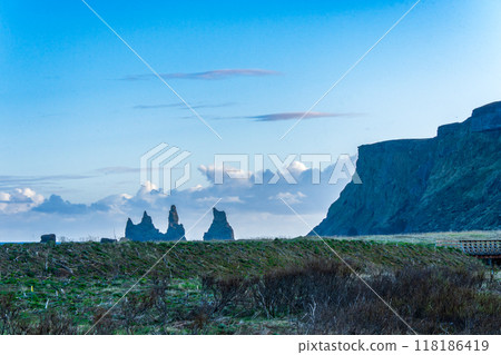 Majestic Reynisdrangar Rock Formations at Vik Black Sand Beach, Iceland. 118186419