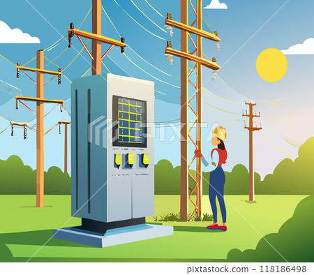 Electric power meter measuring power usage with High voltage post. Watt hour electric meter measurement tool. 118186498