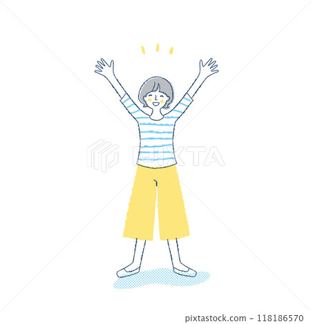A woman with a smile raising her arms 118186570